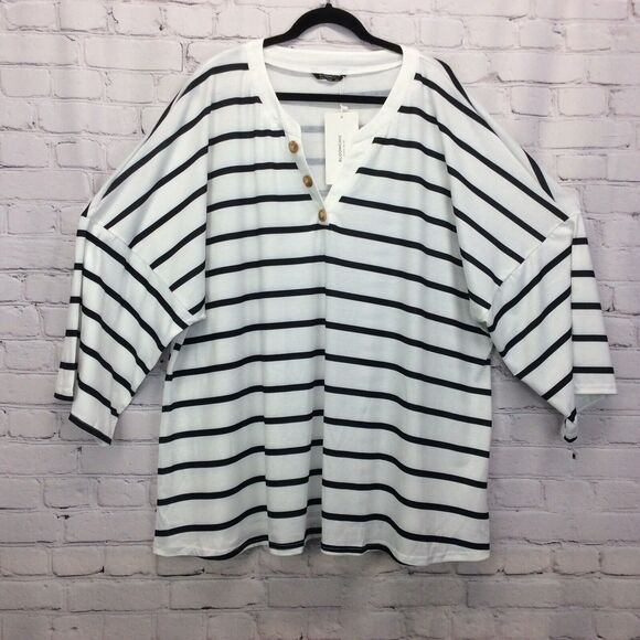 Bloomchic T Shirt Womens Plus Size 26 Black White Striped Oversized V Neck Beach - Picture 1 of 10